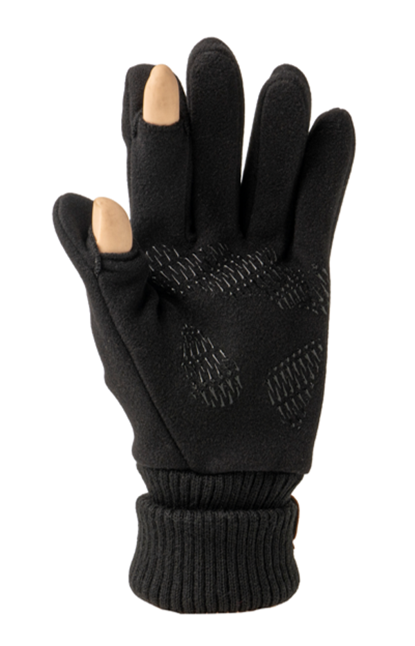 finger tips poking through the black Pro Tip Texting Glove on a white background
