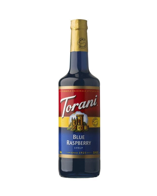 blue raspberry torani syrup bottle on a white background