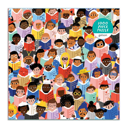 1000 piece puzzle packaging with illustrated people reading books, featuring a diverse group of characters.