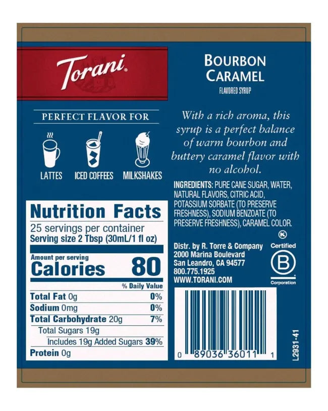 torani bourbon caramel syrup nutritional label