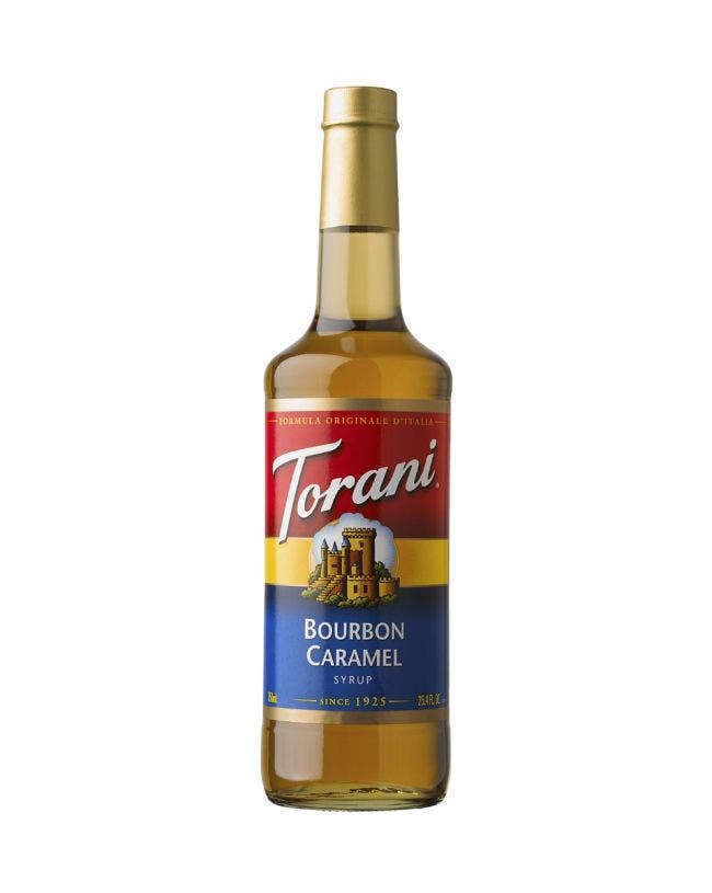glass bottle of torani bourbon caramel syrup
