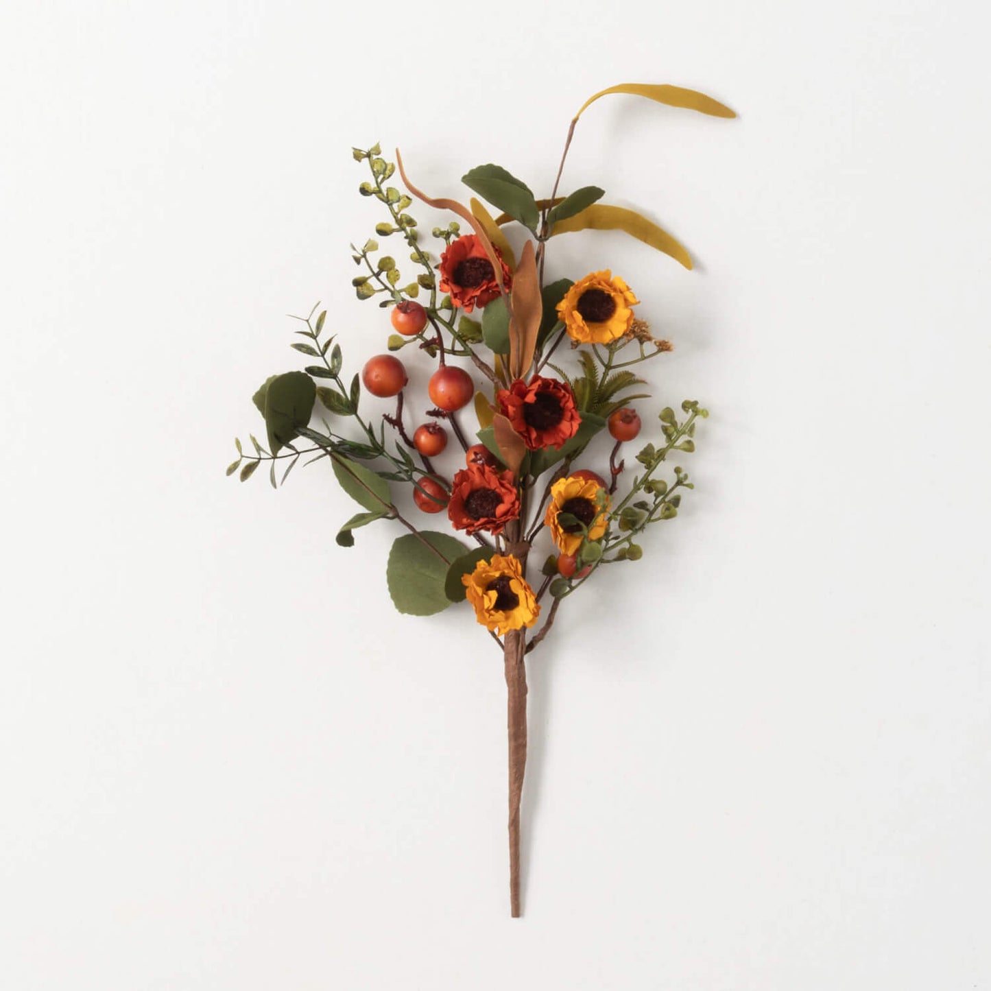 berry and flower pick with orange and yellow flowers, and orange berries, and green leaves displayed against a white background