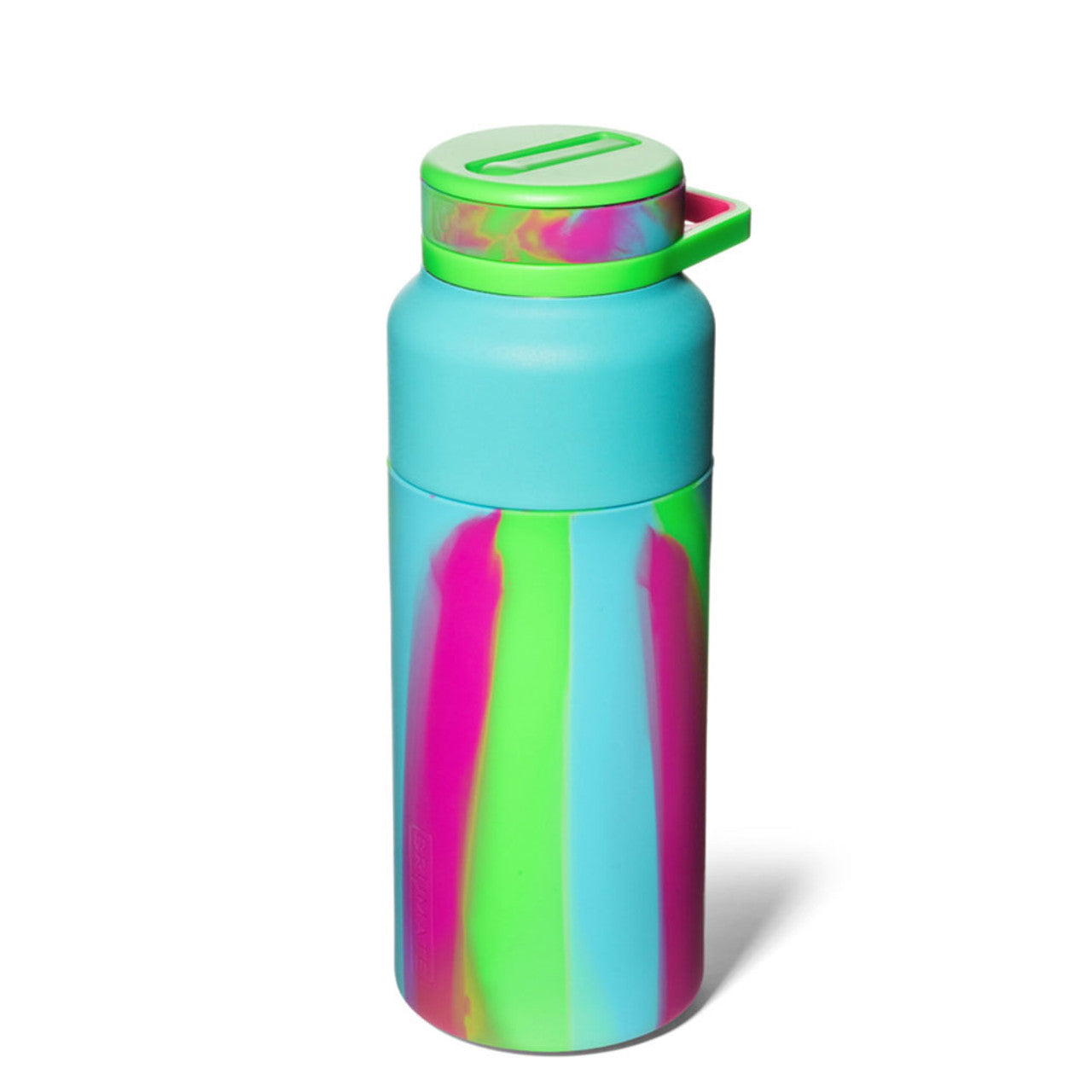 rainbow swirl rotera water bottle with pink, green, and blue tie-dye pattern.