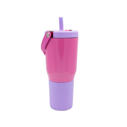 cotton candy pink and purple tumbler with lid and swing handle on top