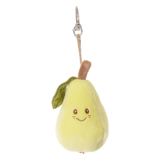 front view of green pear with smiling face bag charm