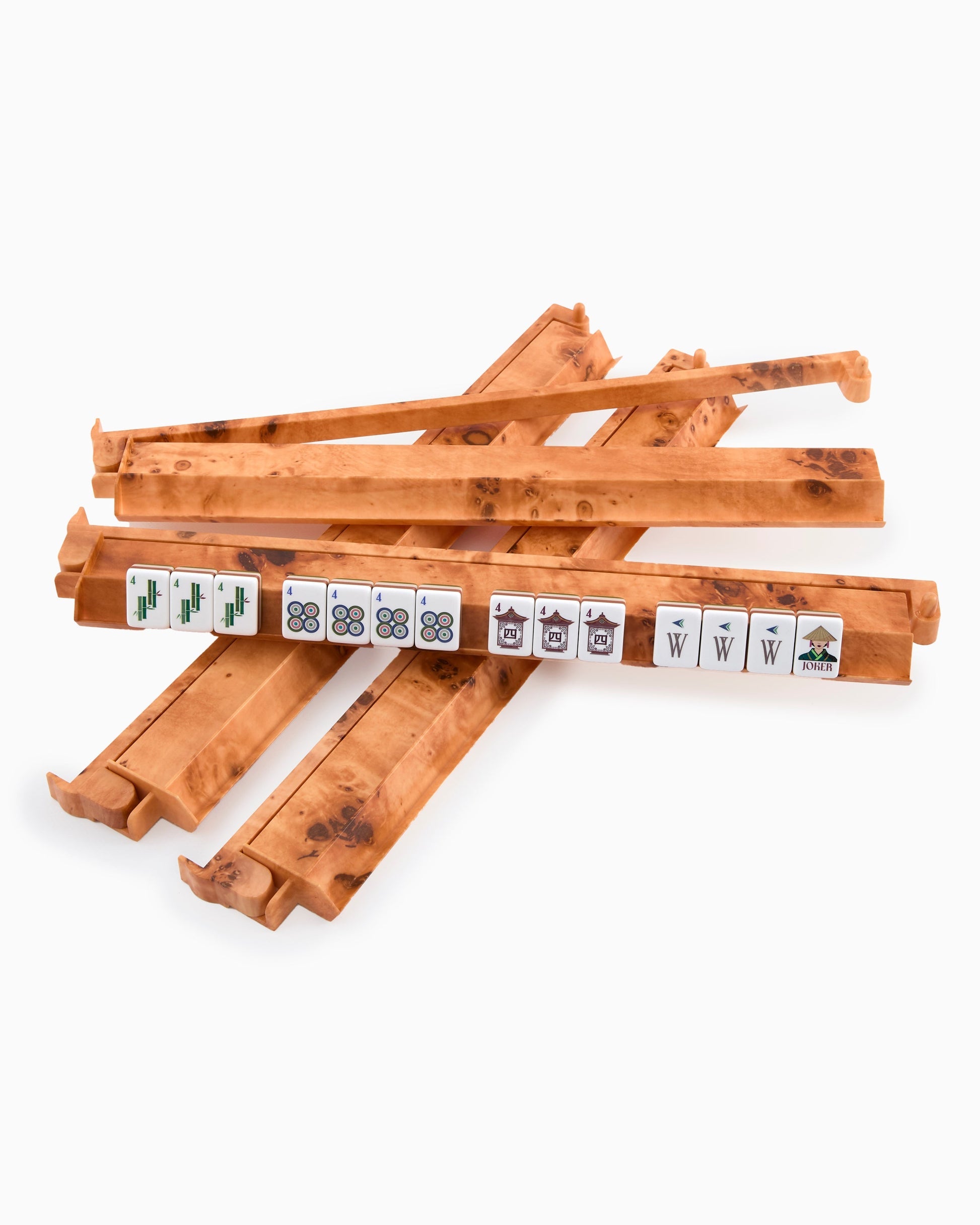 4 burl rack pusher sets with mahjong tiles on them
