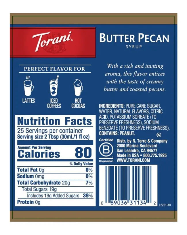 torani butter pecan syrup nutritional label