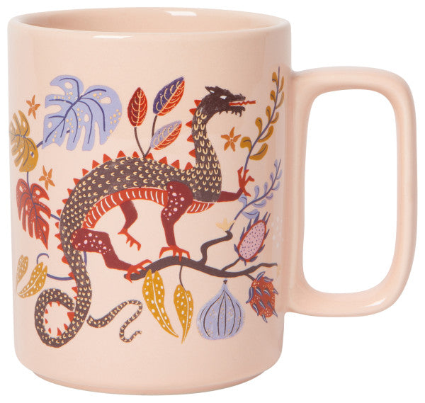 tall blush mug with dragon and floral design in shades of purple and orange.
