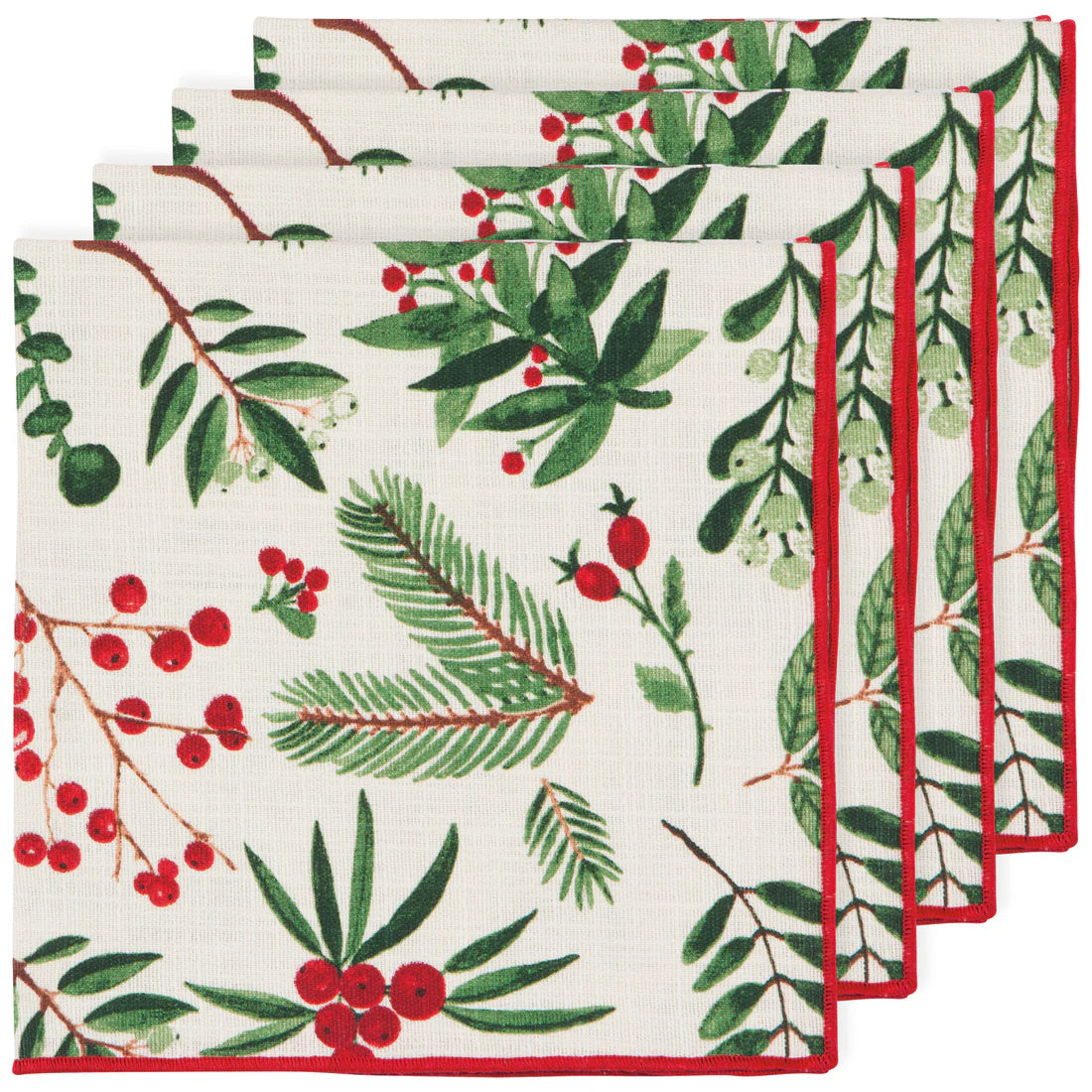 4 winterberry napkins with evergreen design and red hem stitch arranged overlapping on a white background.