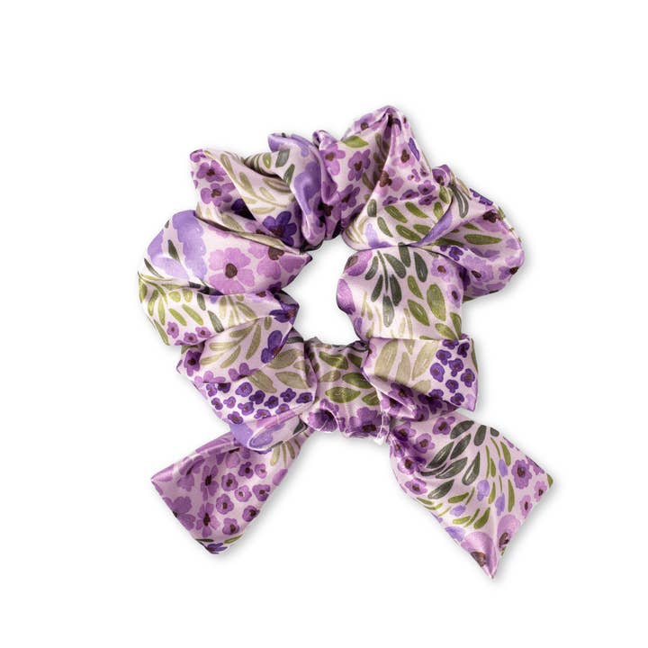 pale purple scrunchie with purple flower pattern
