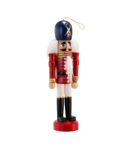 red with blue hat soldier wooden nutcracker ornament displayed on a white background