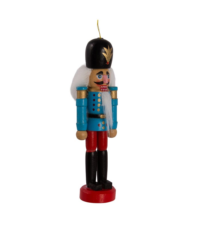 light blue soldier wooden nutcracker ornament displayed on a white background