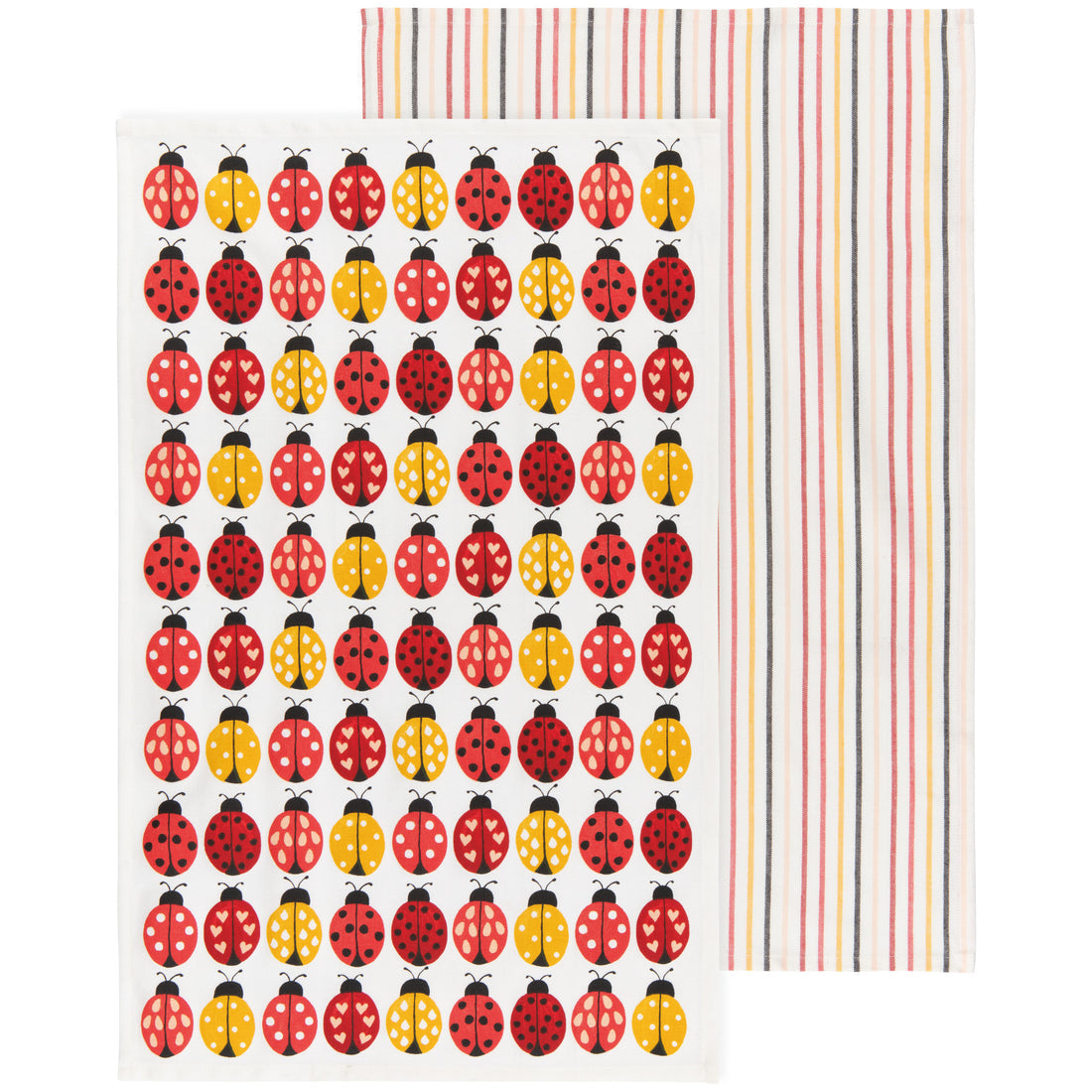 2 dish towels, 1 white with red and yellow lady bugs and 1 white with red, yellow, and grey stripes