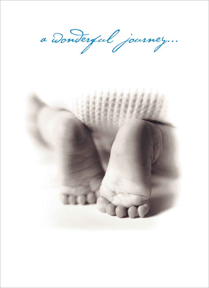front of card has close up black and white photo of babies feet and blue text listed in the description