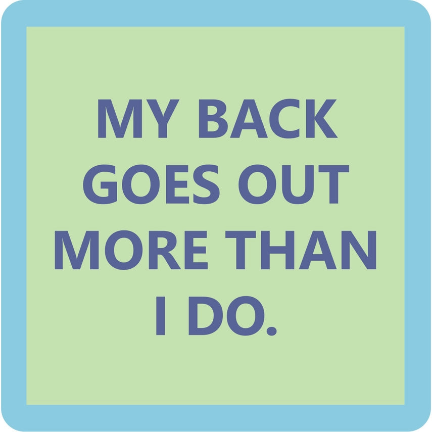 light blue bordered light green coaster with navy lettering