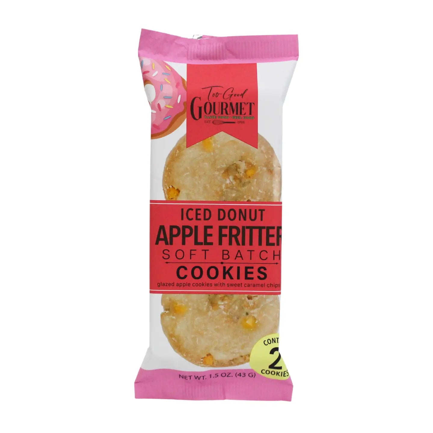 Package of Iced Donut Apple Fritter Soft Batch Cookies with pink and white design