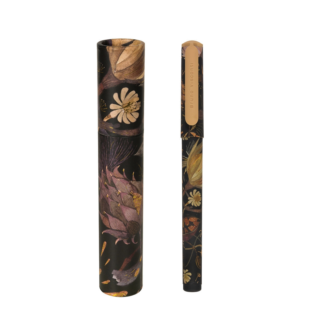 Fountain pen with floral design and matching case on a white background