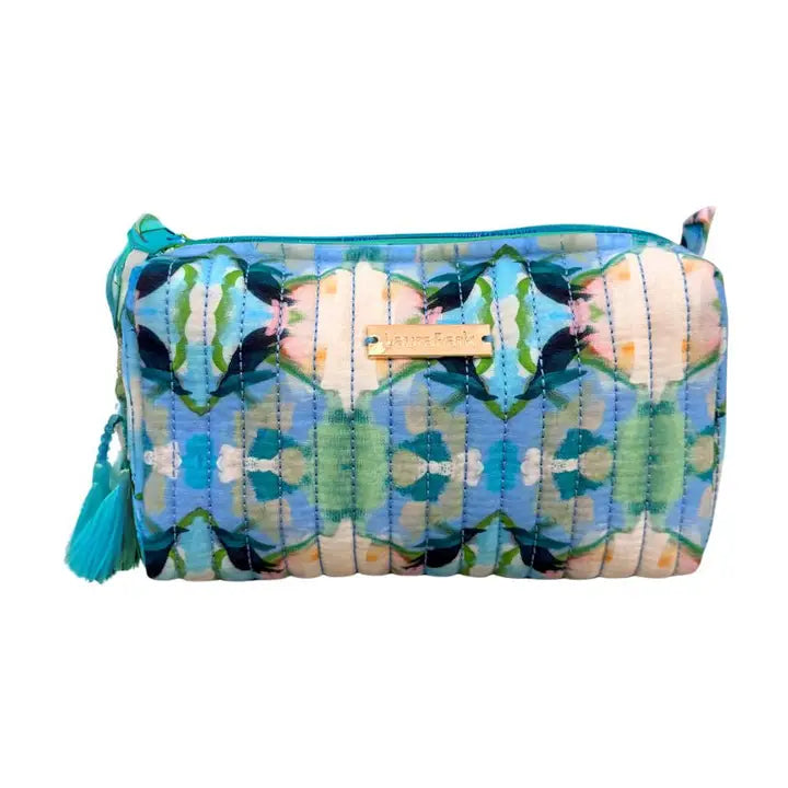 small Cosmetic Bag with blue and green kaleidoscope pattern shown on a white background