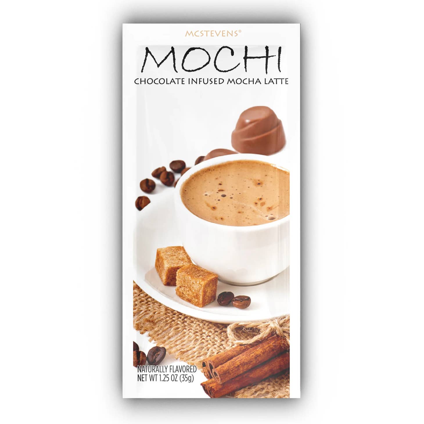 mochi chocolate mocha latte packet with a cup of mochi and cinnamon sticks printed on it