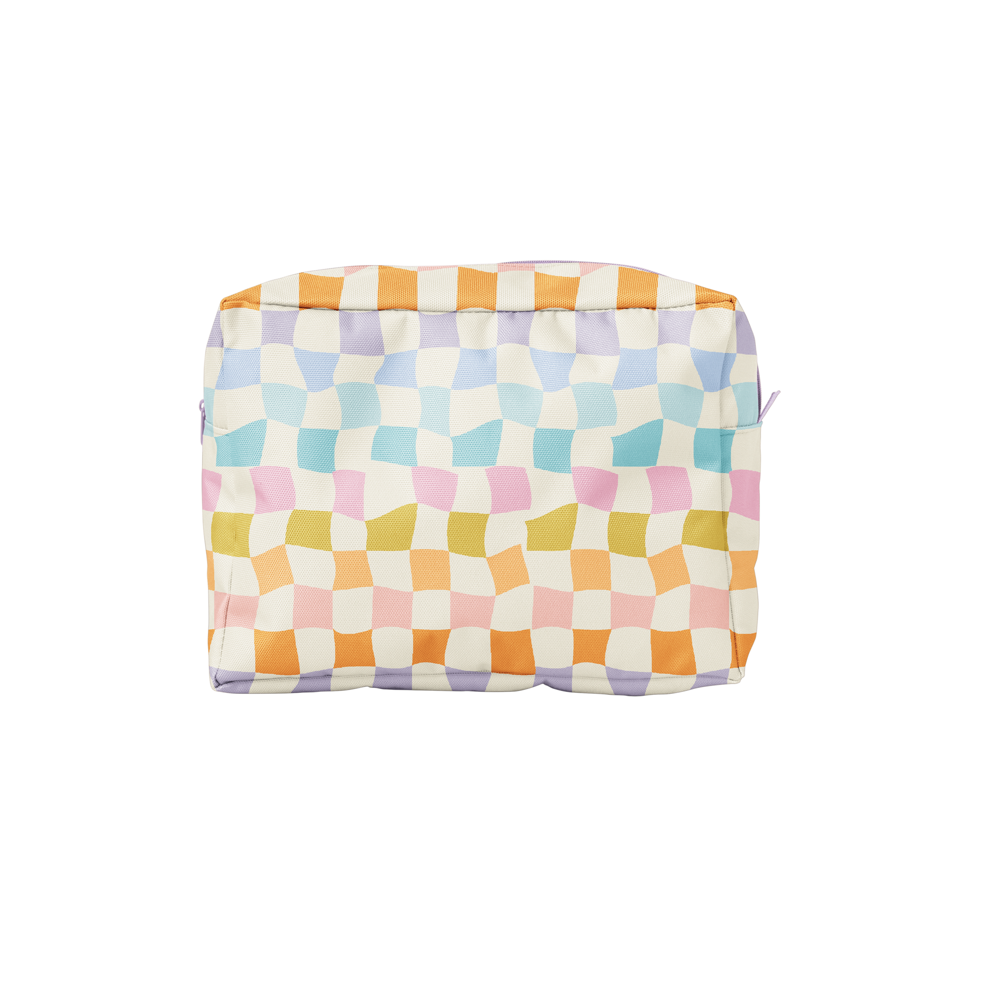rainbow checked zippered bag on a white background.