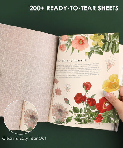 Book with floral design on pages and text, held open by a hand.