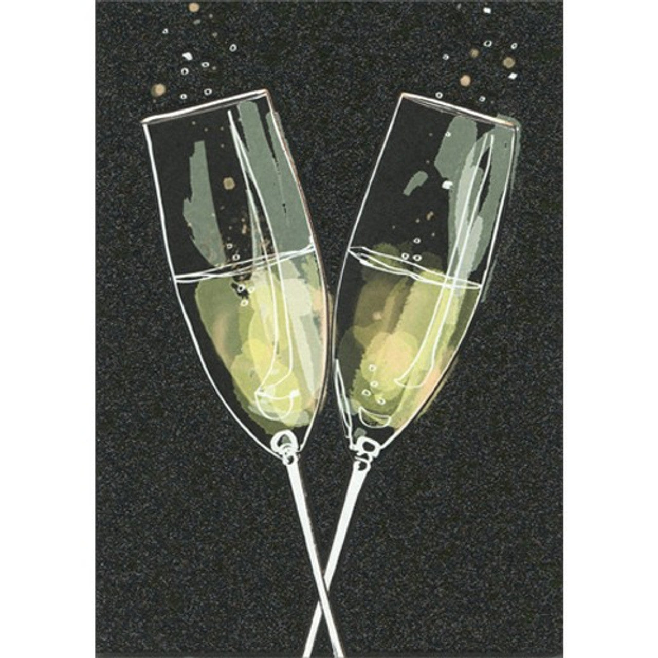 front of card is two champagne flutes with bubbles on a black background