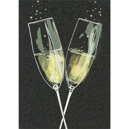 front of card is two champagne flutes with bubbles on a black background
