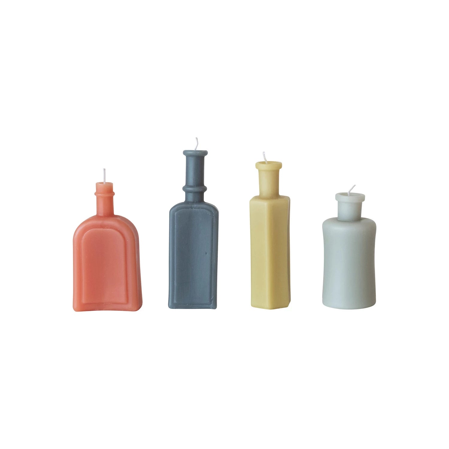 all 4 styles of vintage bottle shaped candles in a row on a white background.