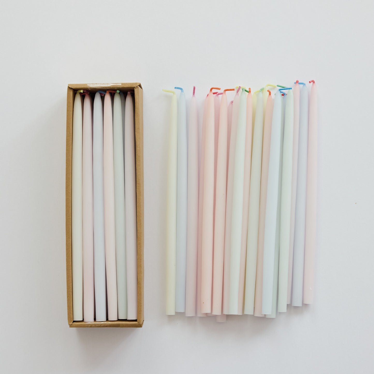 Unscented Thin Taper Candles with Multi Color Wick in Box, Pastel Multi Color