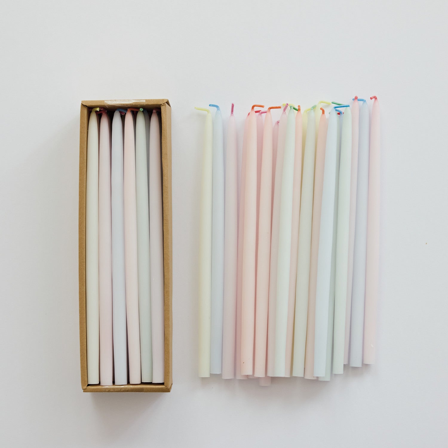 Unscented Thin Taper Candles with Multi Color Wick in Box, Pastel Multi Color