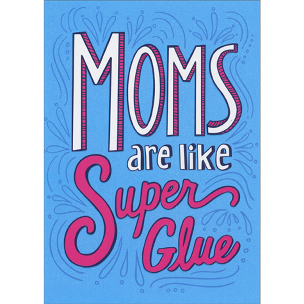 front of card is blue with white and pink text