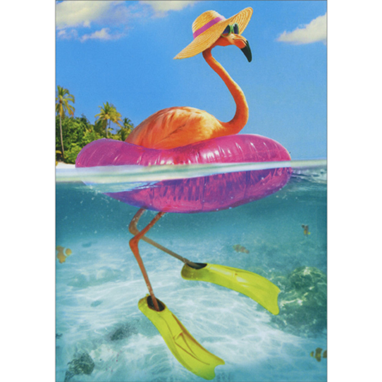 front of card is a flamingo with flippers on in a pink inner tube floating in the ocean