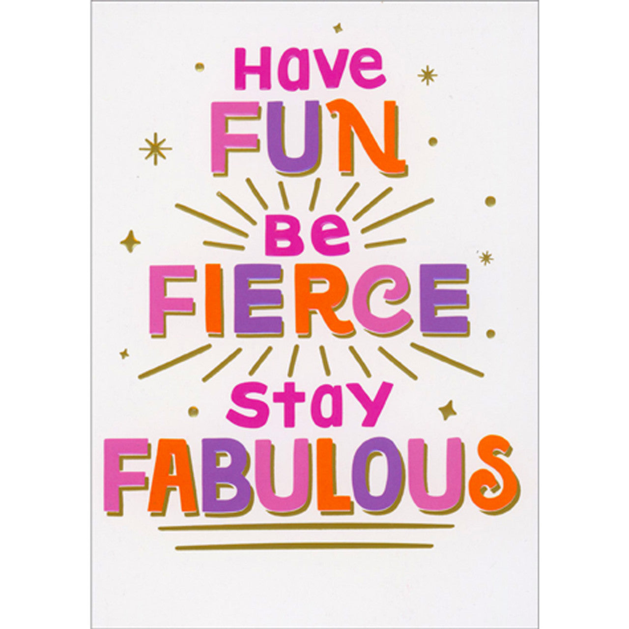 front of card is pink purple and orange lettering on a white background with gold lines and stars