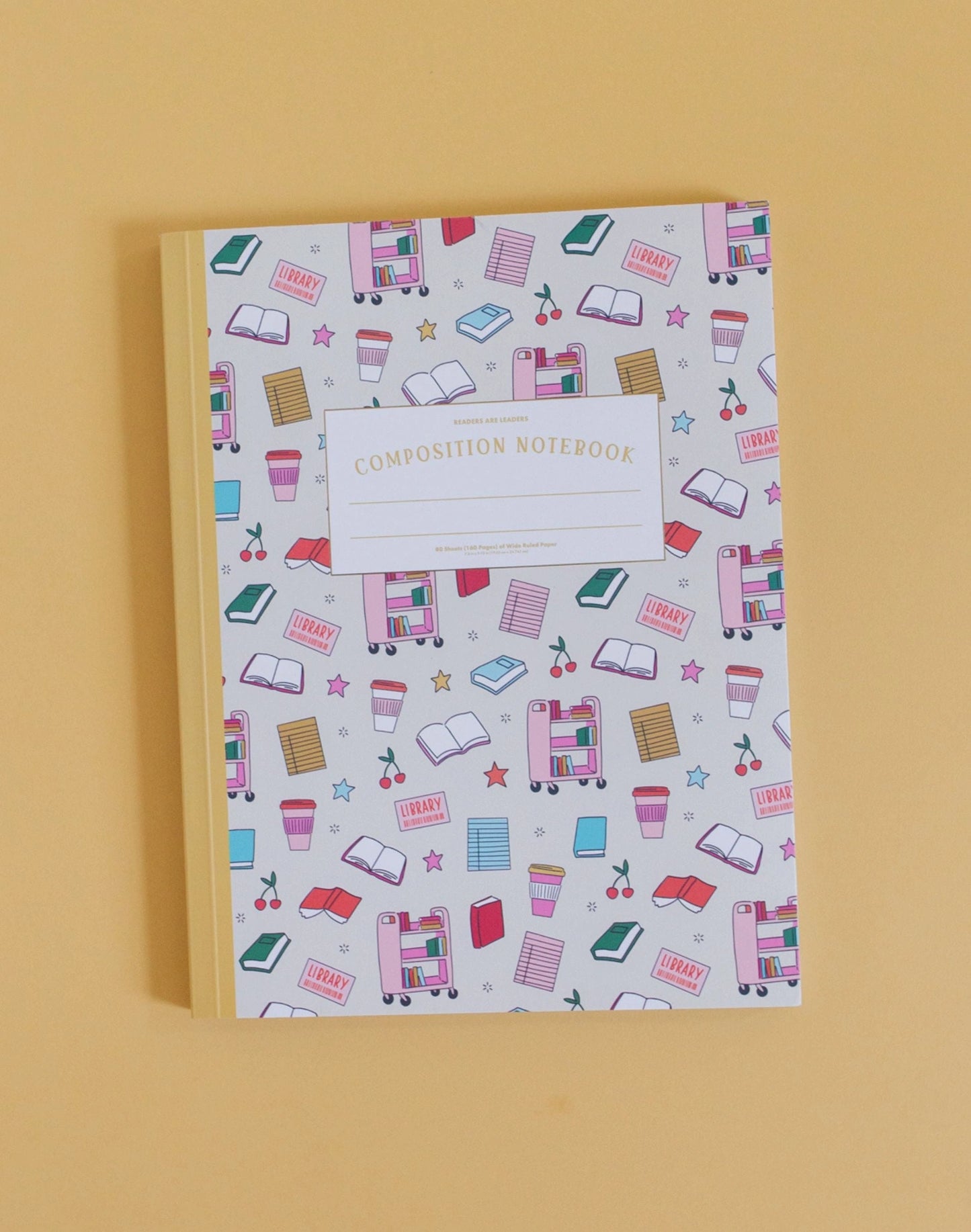 library themed composition notebook shown on a beige background