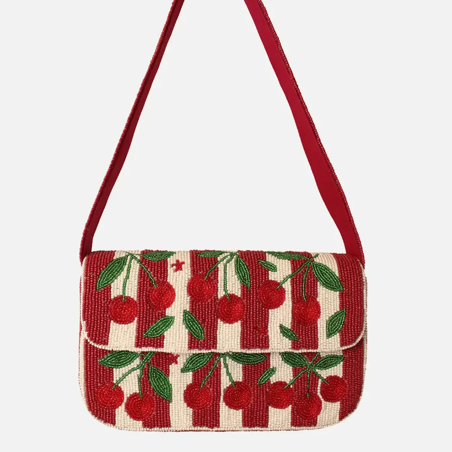 beaded Handbag with cherry pattern on a white background
