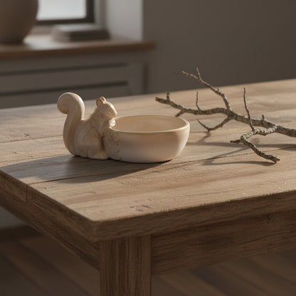 ceramic bowl wit ceramic squirrel perched by it holding the rim, set on a wooden table with a window in the background