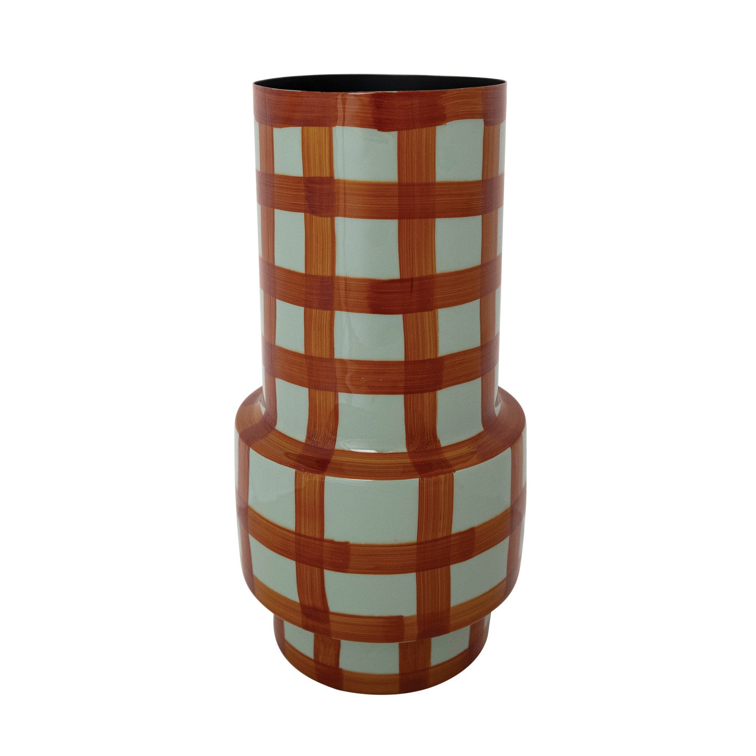 blue and brown plaid vase shown on a white background
