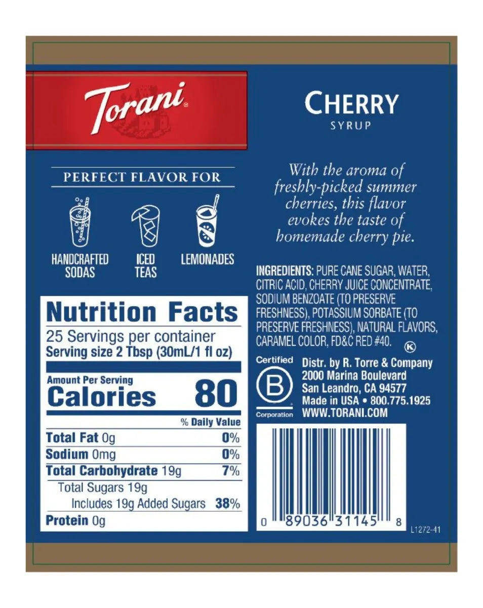 troani cherry syrup nutritional label