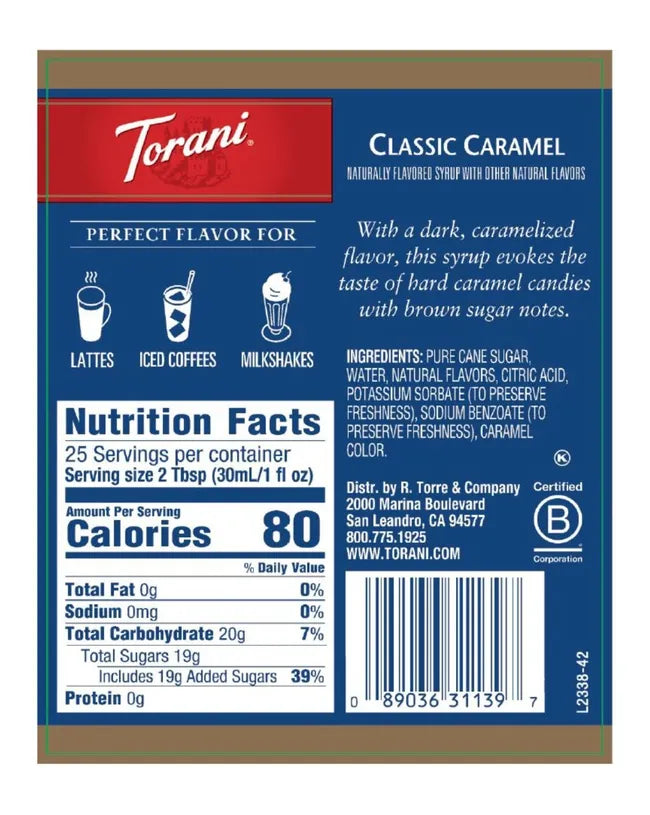 torani classic caramel nutritional label