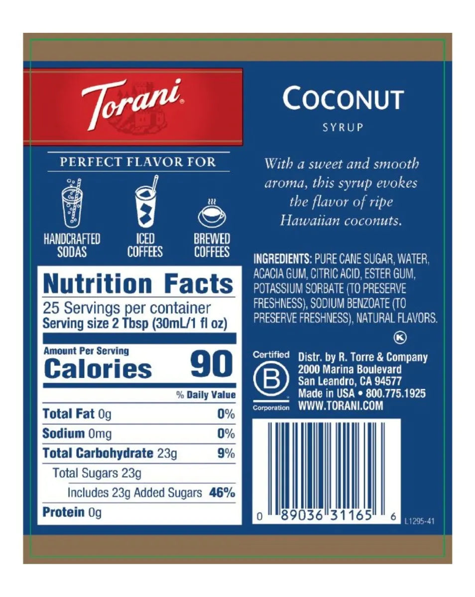 Torani coconut syrup nutritional label