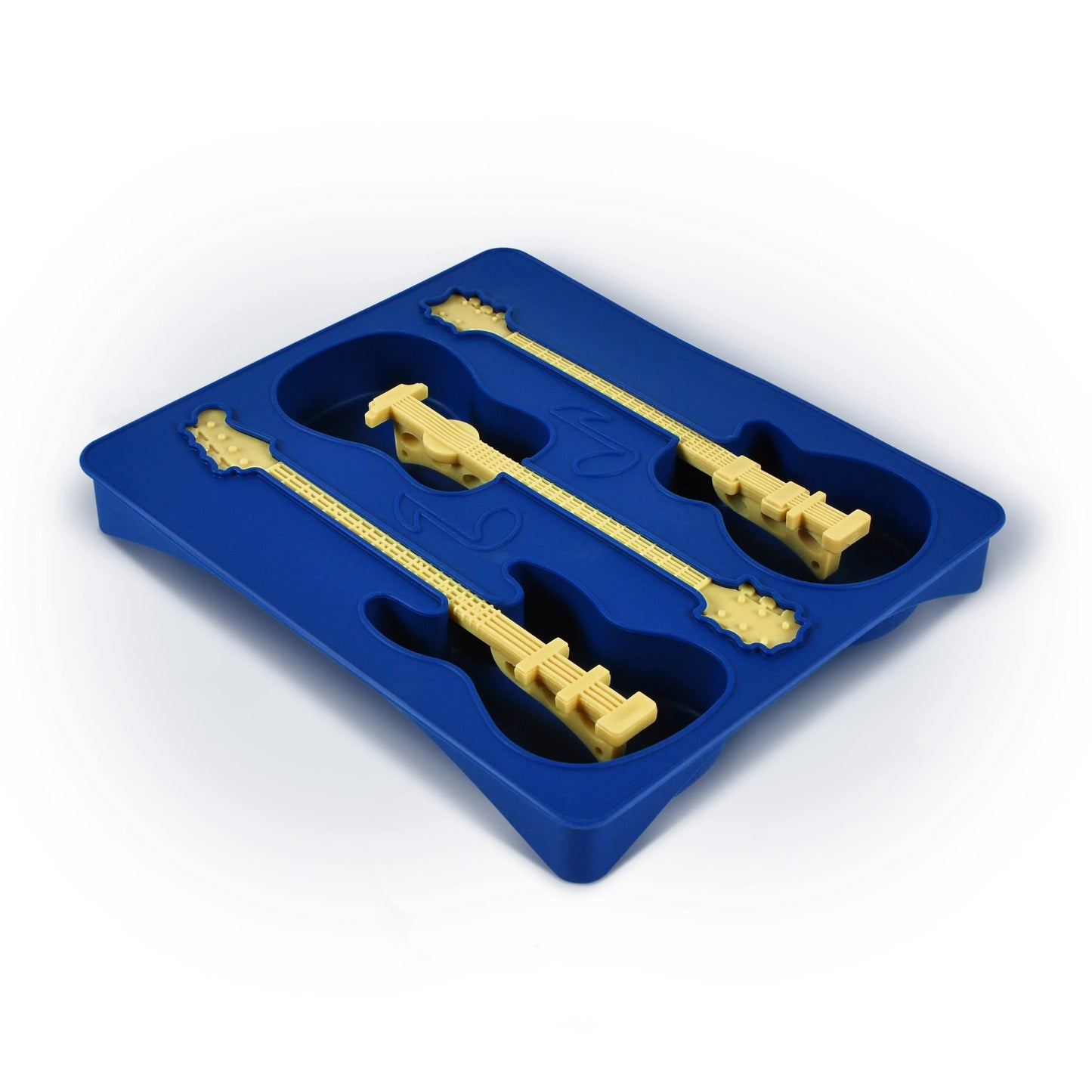 blue ice tray with guitar shaped ice molds.