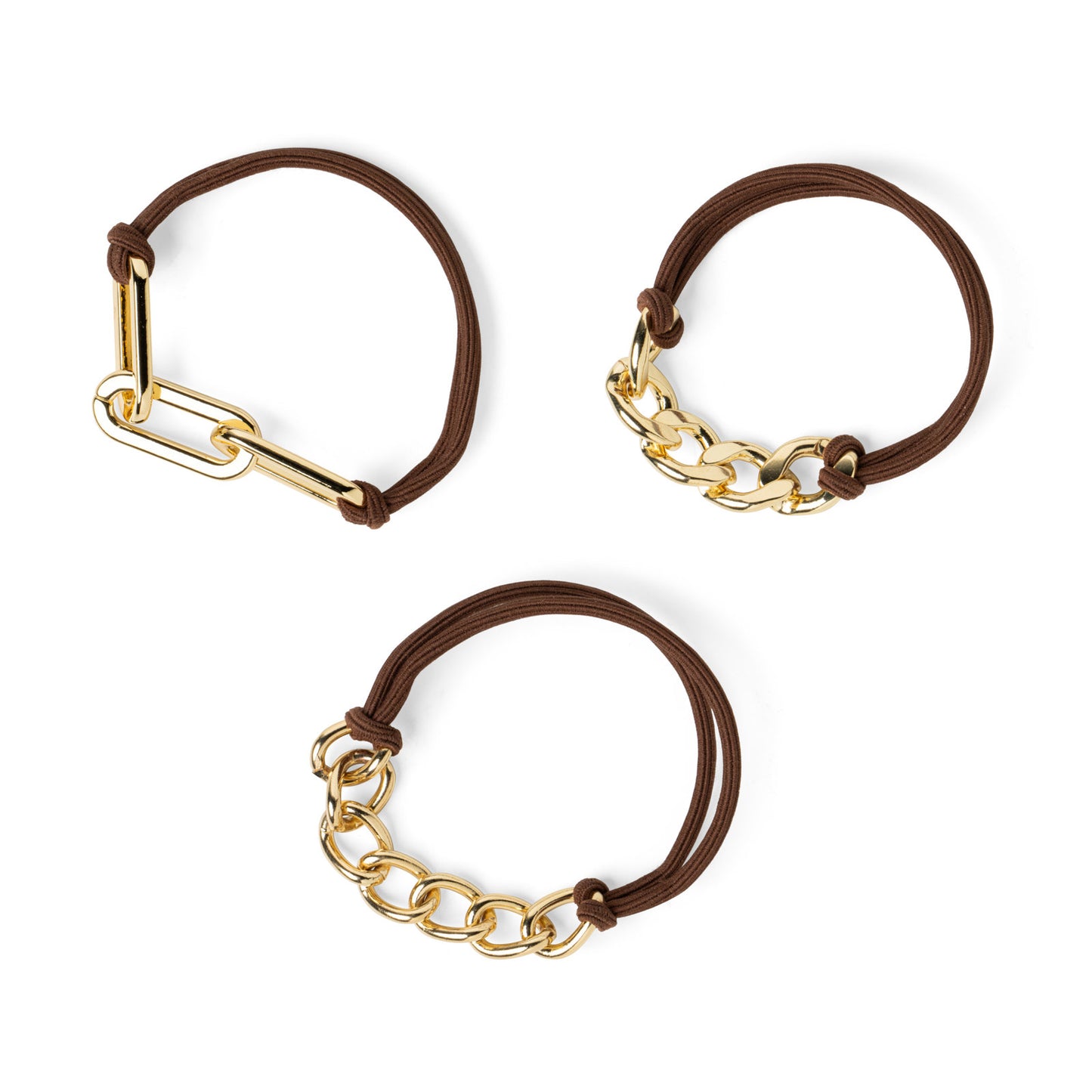 3 assorted brown hair ties with gold tone chain accents on them.