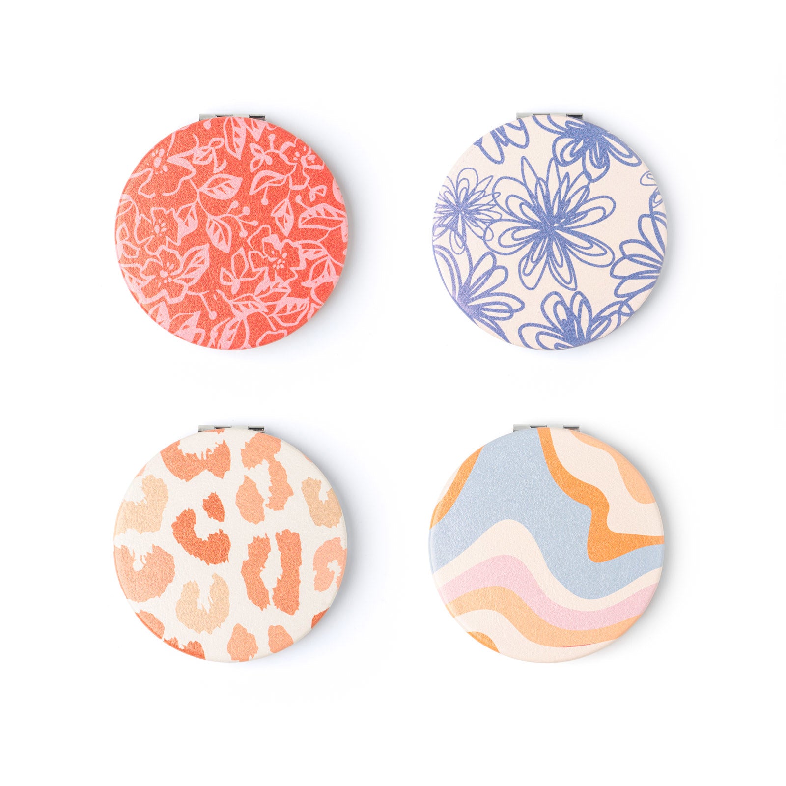 4 styles of compact mirrors arranged on a white background.