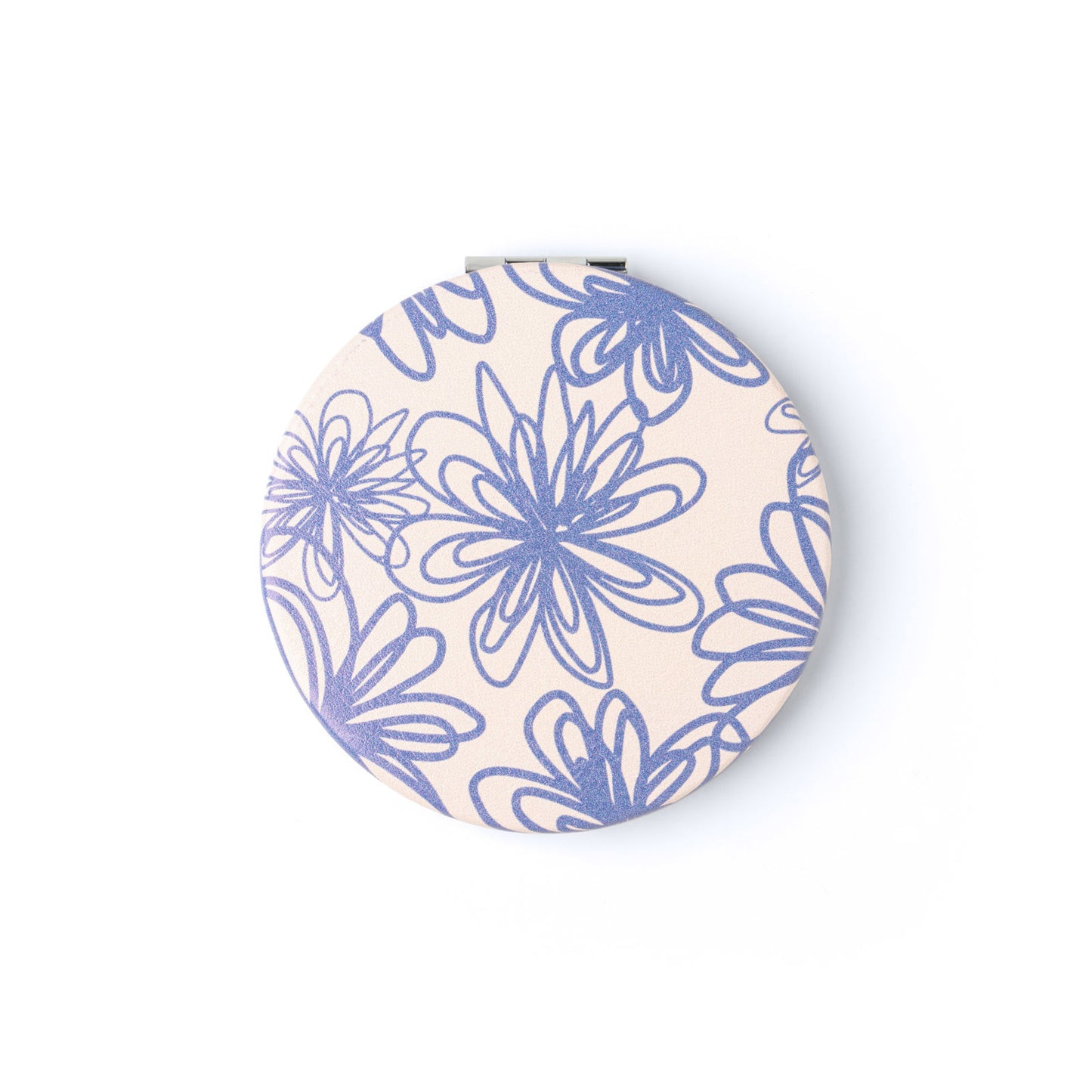 compact mirror with blue floral design.