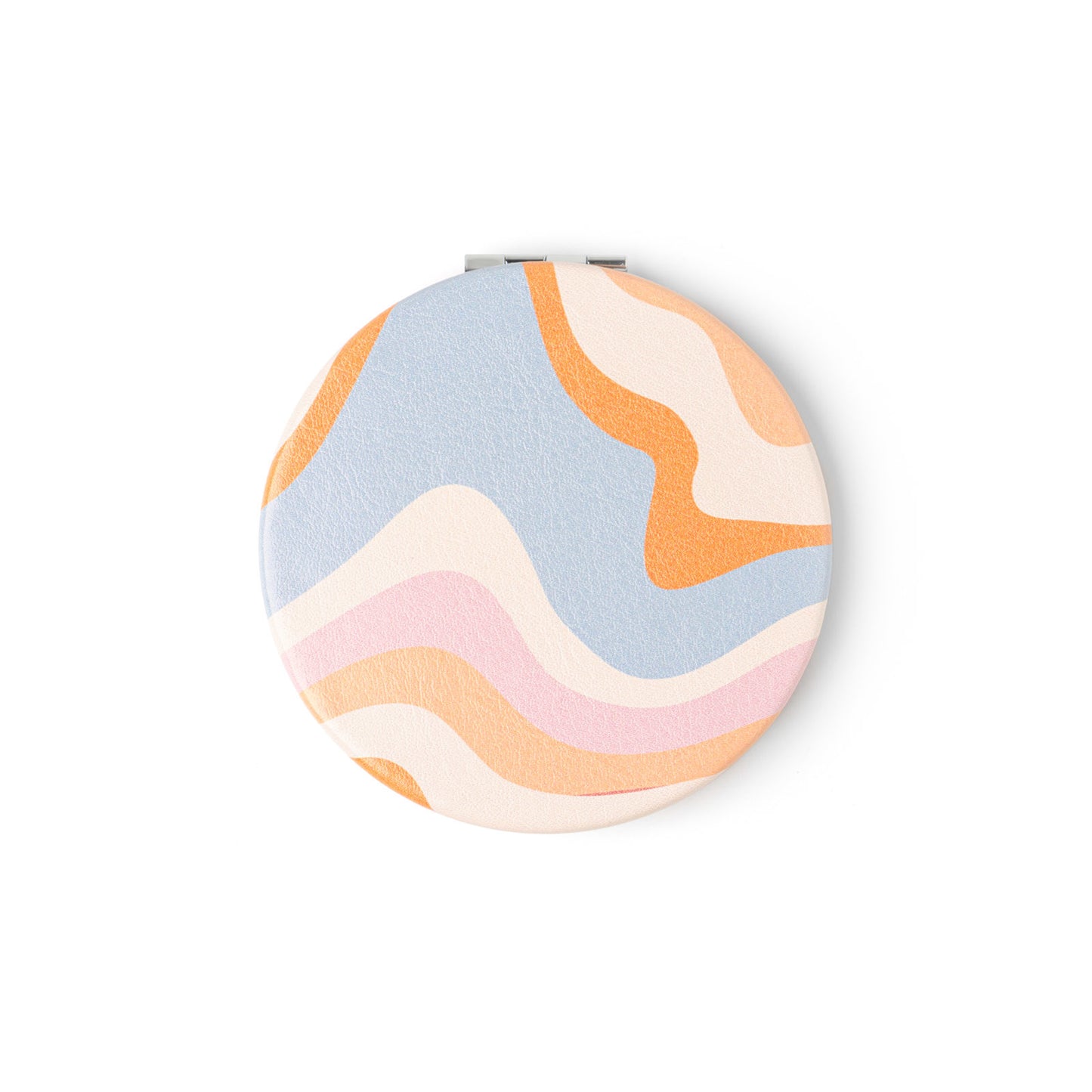 compact mirror with orange, blue and pink wave design.