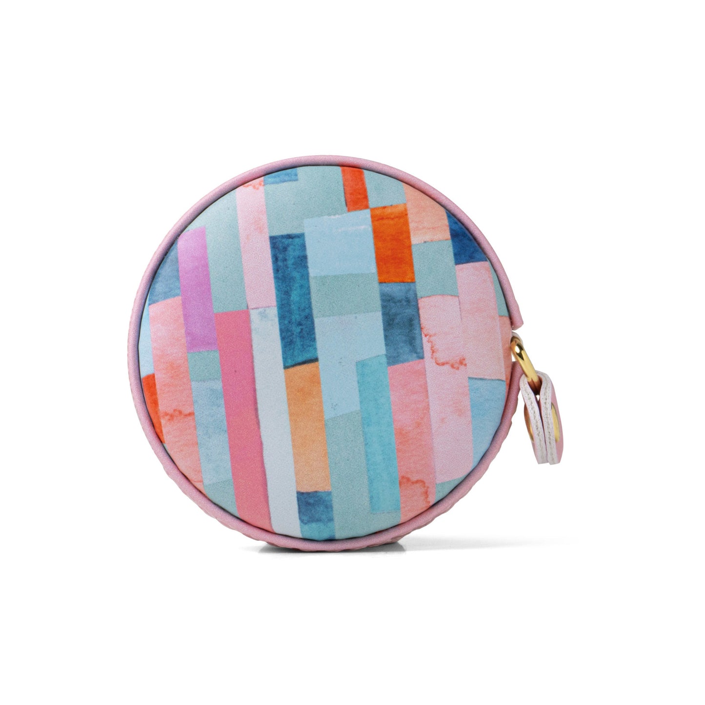 round Mini Tape Measure with design of abstract lines in pinks and blues
