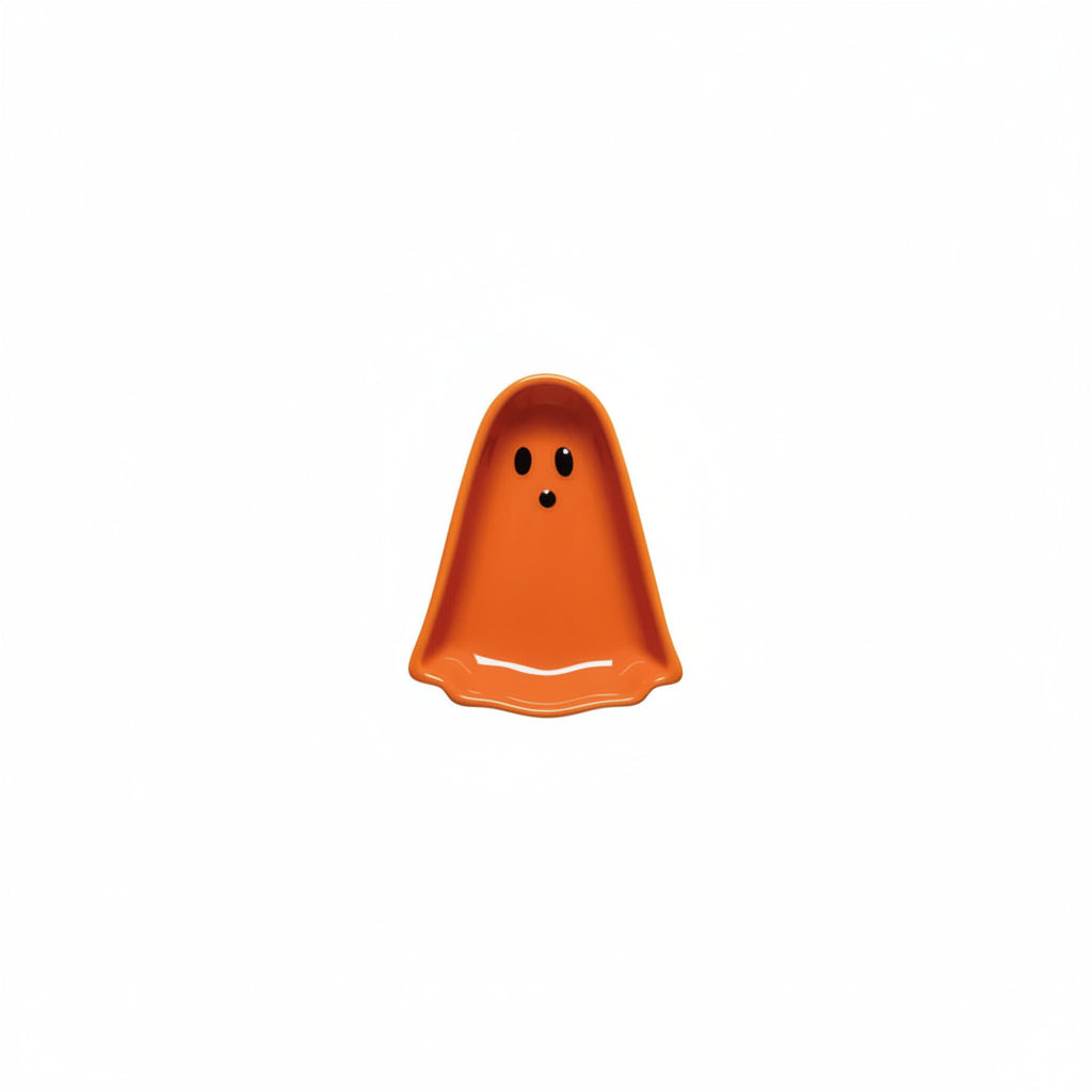 orange ghost shaped small dish with black dot eyes and mouth shown on a white background