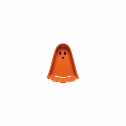 orange ghost shaped small dish with black dot eyes and mouth shown on a white background