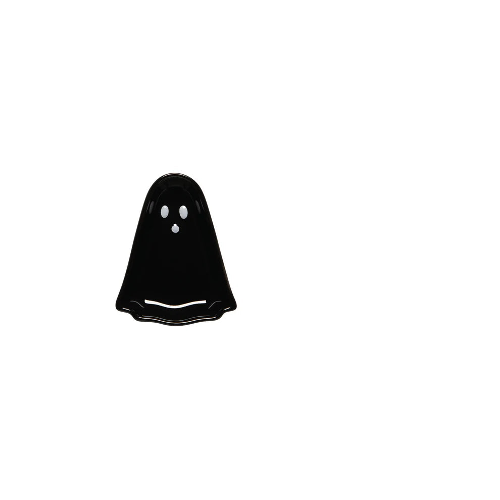 black ghost shaped small dish with white dot eyes and mouth shown on a white background
