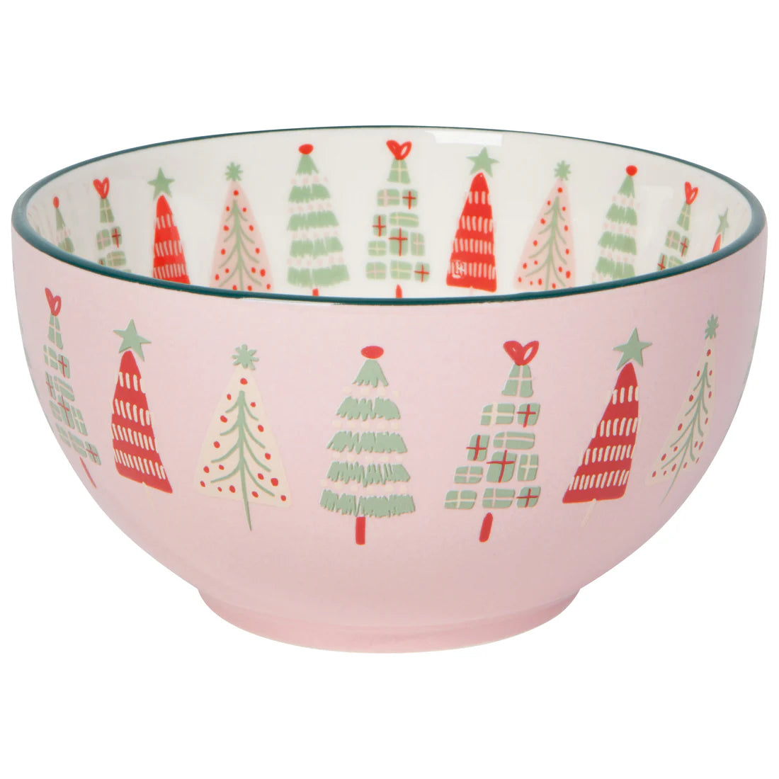 pink bowl with green and red trees around the inner and outer perimeter.